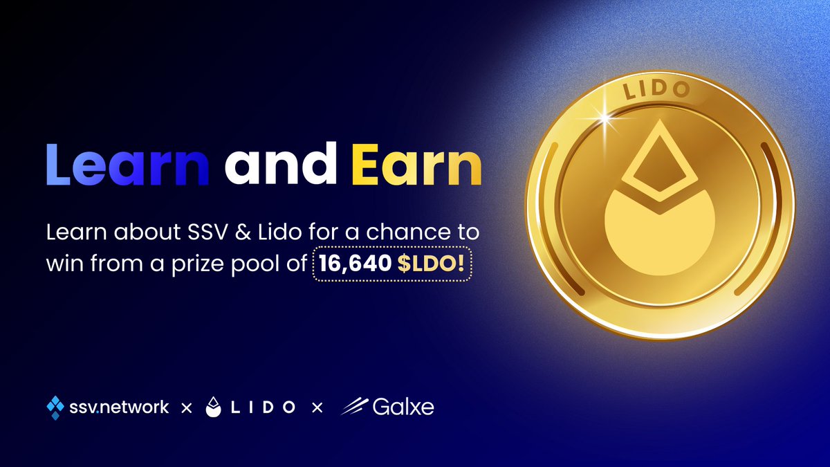 Explore the new Learn and Earn quest together with <a href="/LidoFinance/">Lido</a>, powered by <a href="/GalxeQuest/">Galxe Quest</a>!

Learn about Staking, Lido, and SSV while having a chance to win from a prize pool of 16,640 $LDO worth ~$20,000!

Be quick as the quest is time limited! 👇

app.galxe.com/quest/ssvnetwo…
