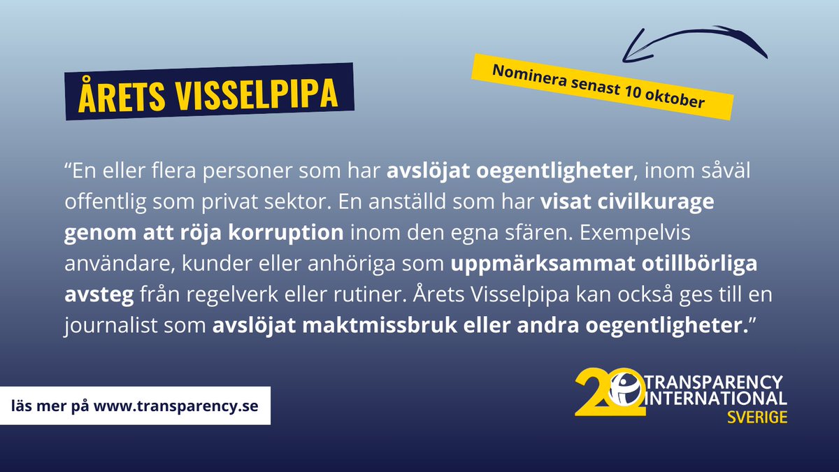 🚨 Sista dagen att nominera till Årets Visselpipa! Läs mer här transparency.se/nyheter/nomine… e-posta din nominering till info@transparency.se.