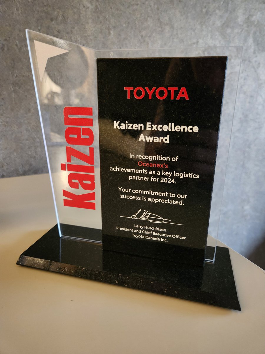 🎉Toyota Canada has once again awarded Oceanex with the Kaizen Excellence Award in recognition of our achievements as a key logistics partner for 2024. Noting Oceanex for its preventative safety measures &amp; damage control process for the marine transport of electric vehicles. 🏆