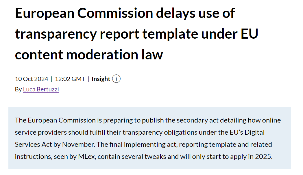 LEAK: I got my hands on the implementing act detailing the transparency obligations under the #DSA, with the reporting template and related instructions. Since the implementing act is very late, the template will only start to apply in 2025. My analysis 👇
content.mlex.com/#/content/1601…
