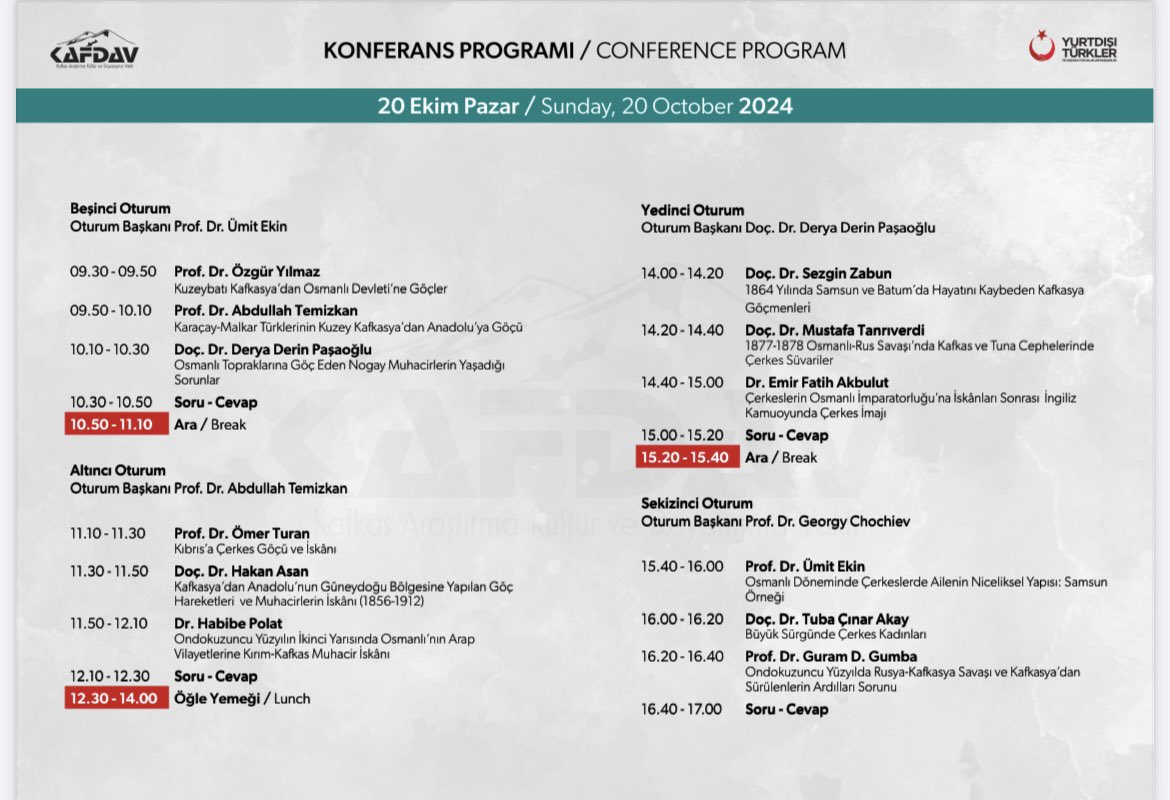 “Kuzey Kafkasya’dan Osmanlı Topraklarına Göç, Sürgün ve İskân” Konferansı, 19-20 Ekim 2024’te Ankara Vakıfevi’nde gerçekleşecektir. Akademisyenlerin katılımıyla farklı disiplinlerden bakış açıları sunacak konferans programı için: kafdav.org.tr