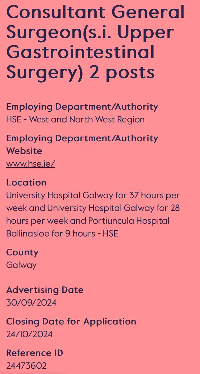 mccarthymt7's tweet photo. Have you ever thought of moving to the West of Ireland, where the sun shines all year round?*

Do you know how to do operations on stomachs and oesophaguses?

Two new permanent upper GI Consultant surgeon posts now open to recruitment at University Hospital Galway, to support our rapidly expanding upper GI Cancer Surgery Programme: https://t.co/fJJK796342

EXPERIENCE REQUIRED

Closing date 24/10/24 but apply today!

@hseNCCP @bmj_latest @NEJM @myESMO @OECI_EEIG @IrishCancerSoc @HSEWestNorthWes @CancerUniGalway @cancertrials_ie @CancerInstIRE @ASCO @coileainc 

*except August through to June and parts of July