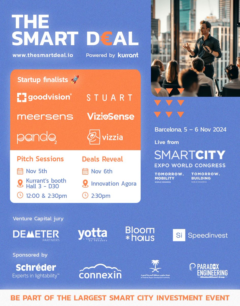 Kurrant (@kurranti) on Twitter photo We’re thrilled to reveal the startup finalists set to make groundbreaking pitches at the Smart City Expo World Congress in Barcelona! 🚀
Don’t miss this event—click here to attend: thesmartdeal.io/attend/
• GoodVision (<a href="/goodvisionlive/">GoodVision</a> ) : Automates all stages of traffic We’re thrilled to reveal the startup finalists set to make groundbreaking pitches at the Smart City Expo World Congress in Barcelona! 🚀
Don’t miss this event—click here to attend: thesmartdeal.io/attend/
• GoodVision (<a href="/goodvisionlive/">GoodVision</a> ) : Automates all stages of traffic