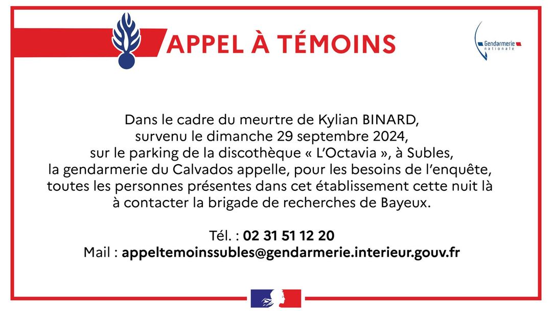 #AppelÀTémoins ❗️Pour les besoins de l'enquête sur le meurtre survenu à Subles, le 29/09/2024, sur le parking de l'Octavia, toutes les personnes présentes dans l'établissement cette nuit là sont invitées à prendre contact avec la brigade de recherches de Bayeux.
