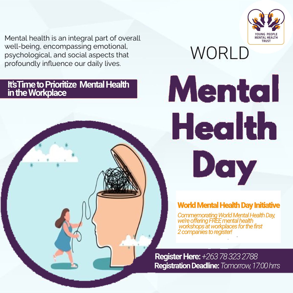 As we commemorate the Mental Health Day under the theme: It is Time to Prioritize Mental Health in the Workplace, FREE Mental Health Workshops are to be offered to the first two companies to register. YO-PETALTH Yo-Mental Health Our Priority As Much As It Should Be Yo-z.❤‍🩹