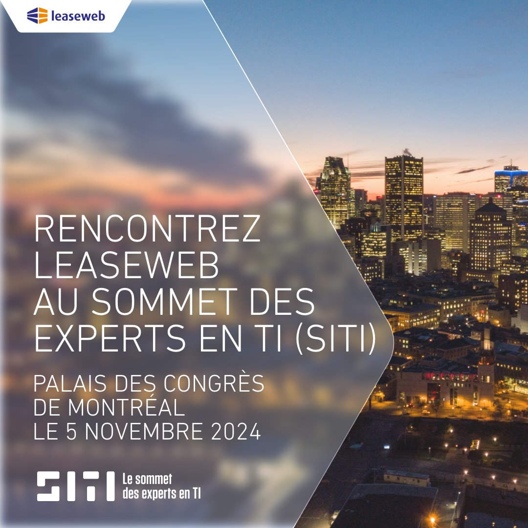 LeasewebCAN's tweet photo. 🚀 Rejoignez-nous le 5 nov. pour la 14e édition du Sommet des experts en TI (#SITI2024)! Passez à notre kiosque pour découvrir nos solutions personnalisées en infrastructure TI et cloud et booster votre croissance. Inscrivez-vous ici 👇 
https://t.co/oOgYQ272BO https://t.co/my8ARYa4Do