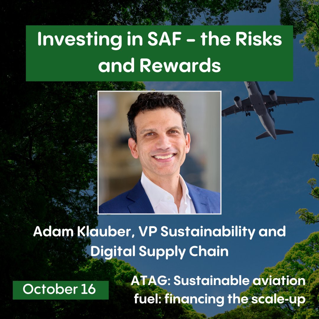 Looking for a better understanding on #SAF infrastructure and investment? World Energy VP, Sustainability and Digital Supply Chain, Adam Klauber joins other experts on <a href="/ATAG_aviation/">ATAG</a> 's panel "Investing in SAF - the Risks and the Rewards".

atag.org/events/sustain…
