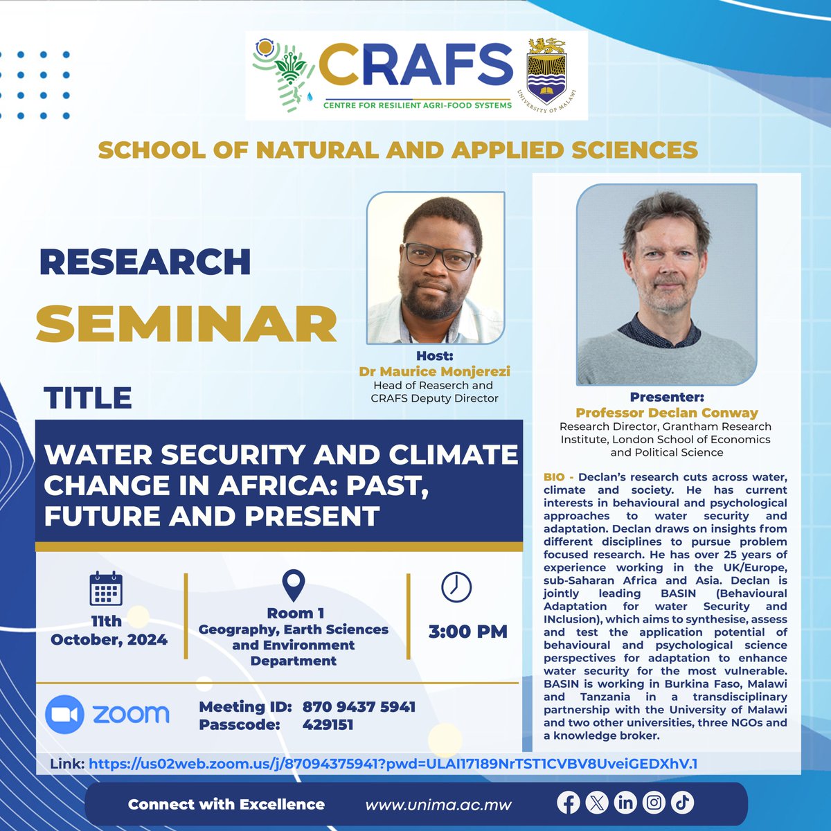 Join us Friday at 3pm CAT to hear Declan Conway <a href="/GRI_LSE/">Grantham LSE</a> present the rationale for the #CLimateAdaptationREsilience BASIN project in a seminar at University of Malawi <a href="/unima_official/">University of Malawi (UNIMA)</a> <a href="/IDRC_CRDI/">IDRC | CRDI</a> <a href="/FCDOResearch/">FCDO Research, Science and Technology</a>