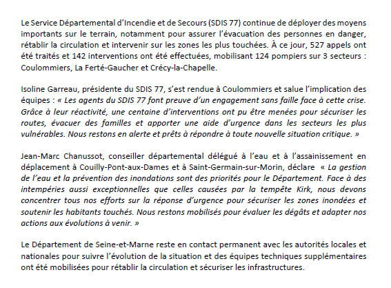 #Communiquédepresse 🗞️

Le Département de Seine-et-Marne reste pleinement mobilisé pour venir en aide aux habitants touchés par la #tempetekirk , qui a fortement impacté le territoire. 

🏚️Inondations, chutes d’arbres et coupures d’électricité ont touché de nombreuses communes,
