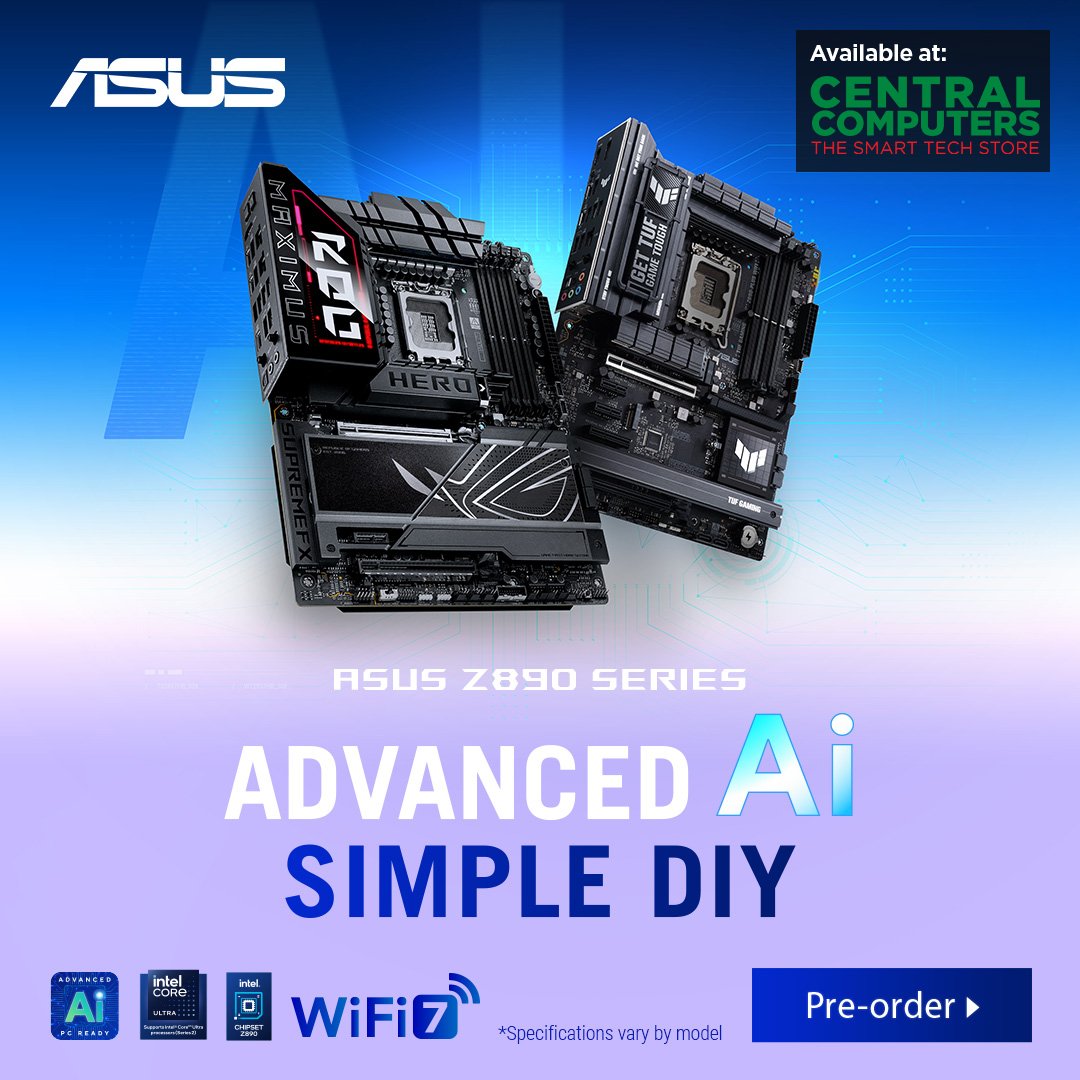 centralcomputer's tweet image. 🚨 Pre-order the ASUS Z890 Series motherboards now! 🚀 With advanced AI features and easy DIY setup, it's the perfect upgrade for your rig. Get ready for top-tier performance and WiFi 7 support. 💻🔧 

l.centralcomputer.com/Intel2024NextG…

#ASUS #Z890 #PCUpgrade #DIYPC #TechDeals #PreOrderNow