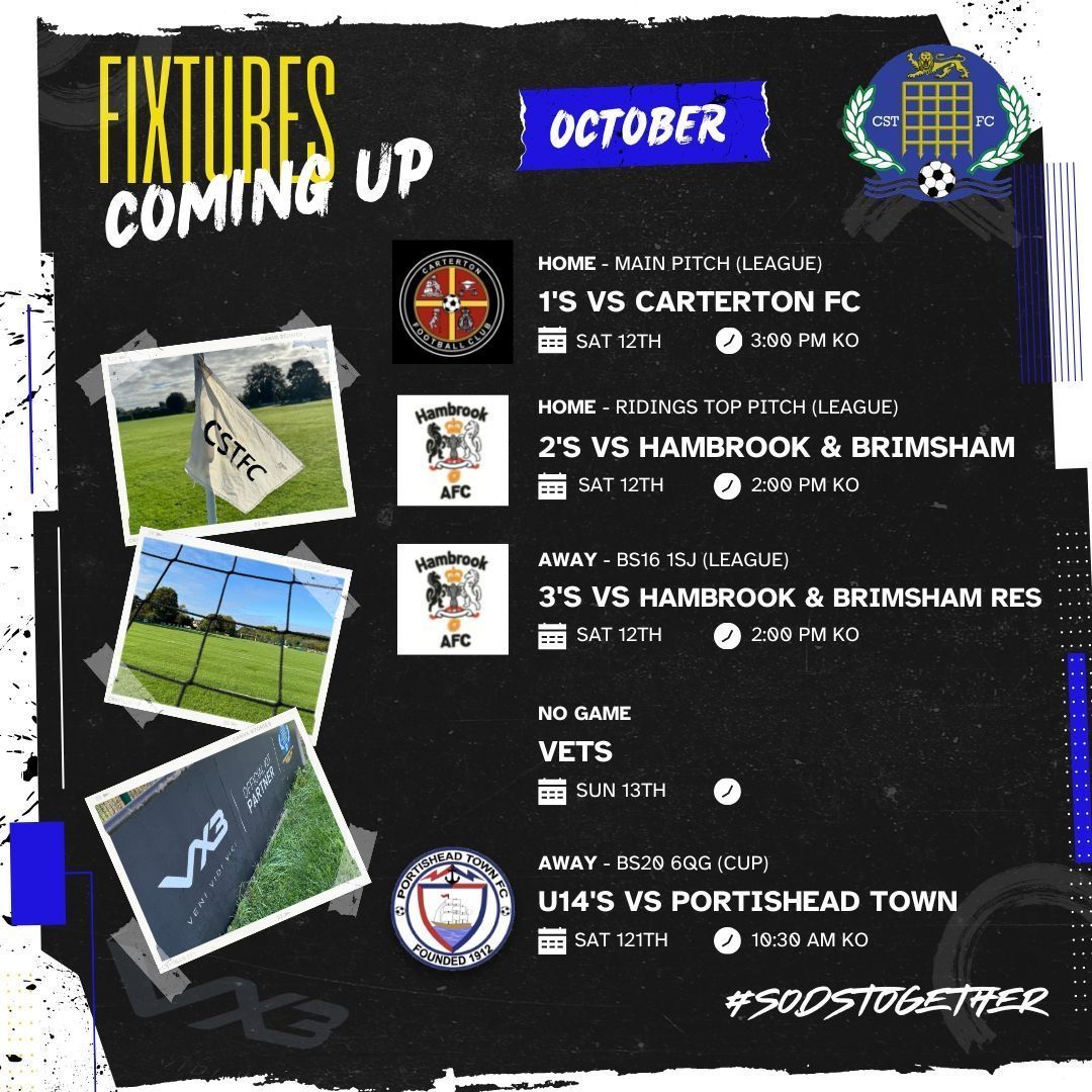 A big 3️⃣ points available at The Ridings on Saturday as the 1’s take on <a href="/CartertonFC2018/">Carterton FC</a> 💪

The 2’s and 3’s both face Hambrook &amp; Brimsham sides and our U14s head to Portishead.

🏟️ Clubhouse is open early so come on down and make some noise 📣🥁👏

#UpTheSods #SodsTogether