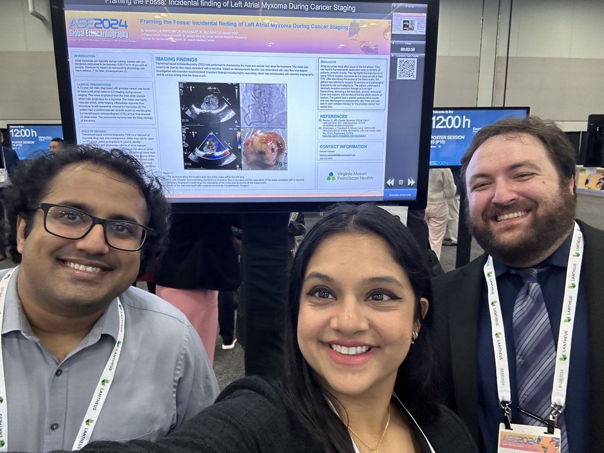 VMFHCards's tweet photo. Last Spring, Keerthana (pgy4) presented an interesting case at @ASE360 with our amazing IM resident colleagues about an incidentally found L atrial myxoma! #echofirst #imaging #accfit https://t.co/qVXWNJpxJW