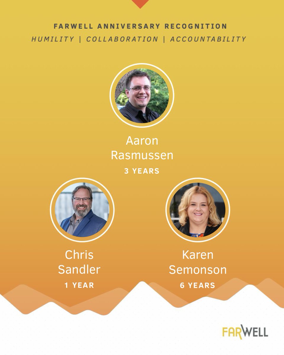 Please join us in recognizing Aaron Rasmussen, Chris Sandler, and Karen Semonson, for their FarWell Anniversaries! Thank you for being part of our team and we are grateful for all you do to help us and our clients.

#EmployeeAppreciation #GoFarDoWell