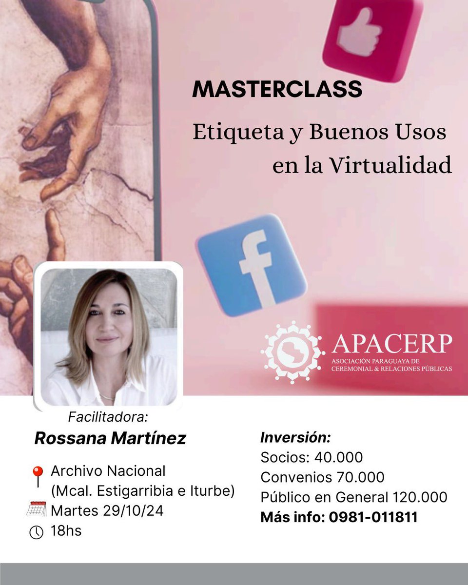 apacerppy's tweet image. 🗣️ Llega el Masterclass de #Apacerp 

🛜 Las redes sociales y las plataformas de comunicación virtual han transformado
profundamente la forma en que interactuamos. 

✔️ La etiqueta digital nos ayuda a construir un entorno más armonioso, tanto personal
como profesionalmente