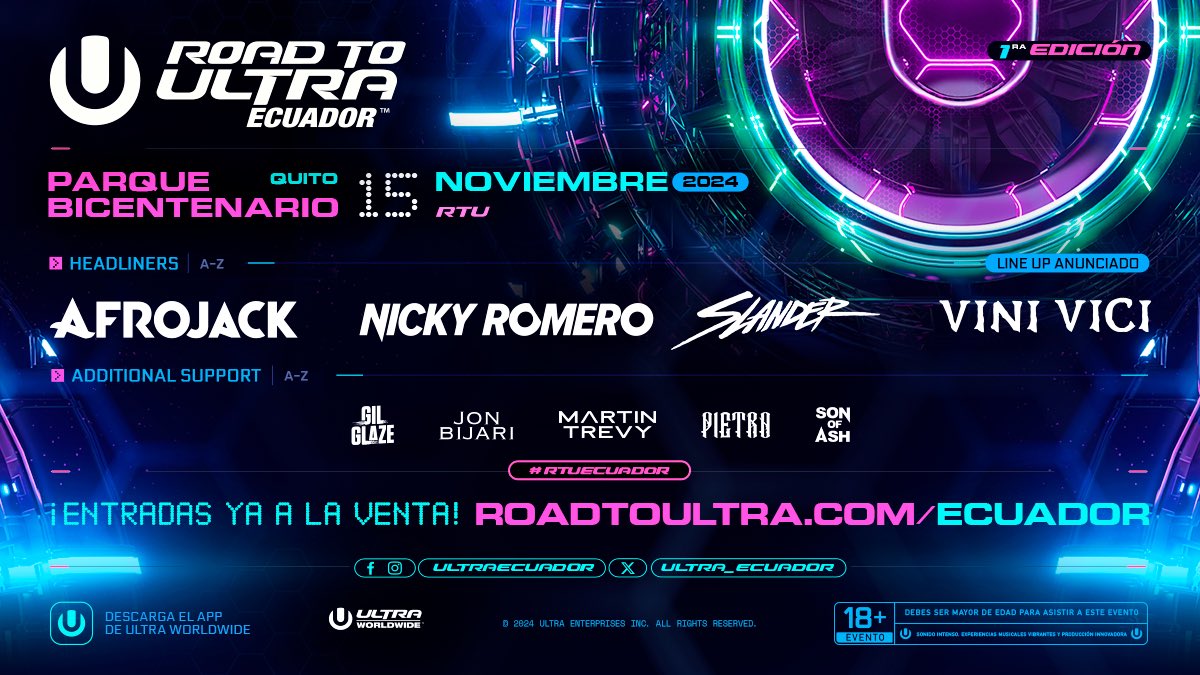 🔥¡ECUADOR, con ustedes el line up del primer Road to Ultra Ecuador de la historia! 🔥

Prepárate para una noche épica el 15 de noviembre en el Parque Bicentenario. ¡No te lo puedes perder! 🎶