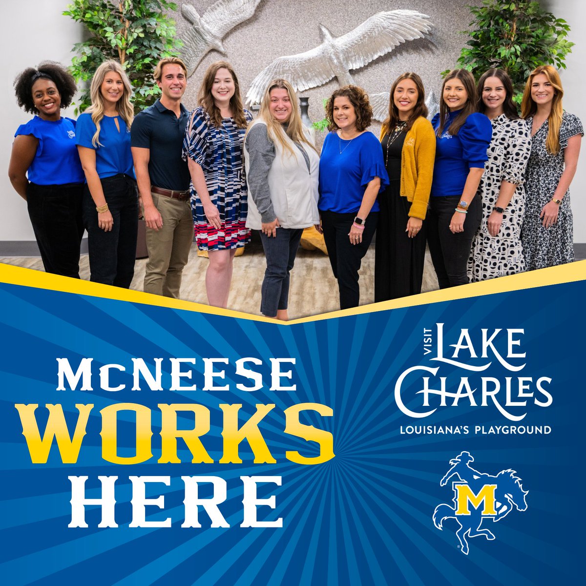 LakeCharlesCVB's tweet photo. At #VisitLakeCharles, we are proud to be home to a talented team of McNeese State University alumni, who bring their passion, expertise, and dedication to promoting Southwest Louisiana. π€
#GeauxPokes #McNeeseStateUniversity #McNeeseWorksHere https://t.co/bad3JMq3EG