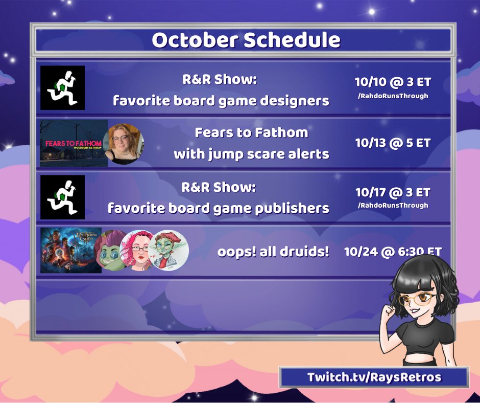 Ray (@_raybird_) on Twitter photo 🎃 OCTOBER STREAMS 🎃
🎲 Two R&R shows
😱 Surprise! More Fears to Fathom with <a href="/jamie_daggers/">JamieDaggers is no longer on X ✌️</a>
🐻 Oops! All Druids! with <a href="/BriDanann/">Bri de Danann</a> <a href="/ResidentBard/">Jon Boyle ✨ Trash to Treasure is funding!</a> and <a href="/ParttimeMage/">Matt</a> 🎃 OCTOBER STREAMS 🎃
🎲 Two R&R shows
😱 Surprise! More Fears to Fathom with <a href="/jamie_daggers/">JamieDaggers is no longer on X ✌️</a>
🐻 Oops! All Druids! with <a href="/BriDanann/">Bri de Danann</a> <a href="/ResidentBard/">Jon Boyle ✨ Trash to Treasure is funding!</a> and <a href="/ParttimeMage/">Matt</a>