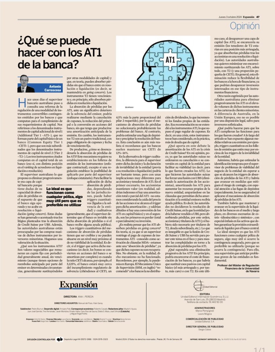 IgnacioEzquiaga's tweet image. La estructura del #capital regulatorio de los bancos es clave para la estabilidad financiera. @antoncarrascosa discute aquí sobre los controvertidos #AT1 e introduce interesantes sugerencias para mejorar su capacidad para absorber pérdidas en escenarios distintos a la resolución.