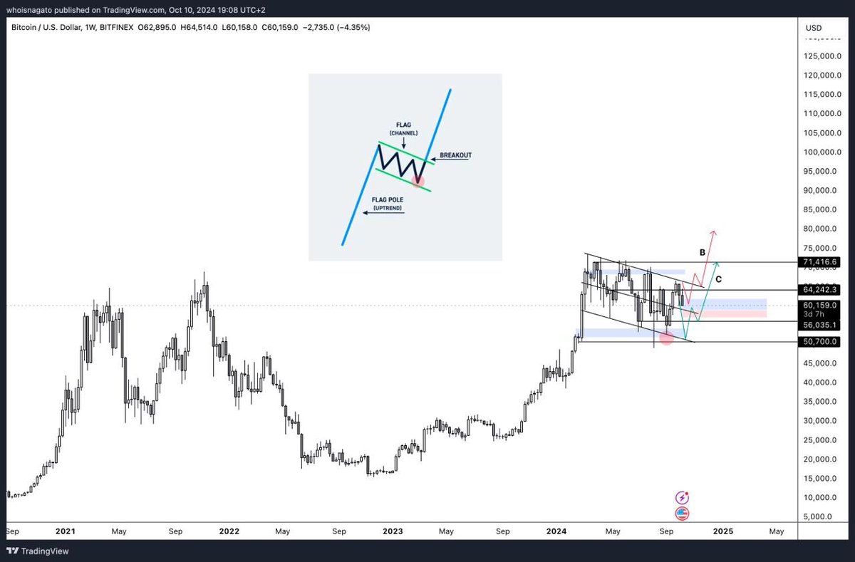 CryptoNagato's tweet photo. It seems like everyone on this platform is preparing for “the last massive shakeout before an explosive Q4.”

Some people supporting this thesis are even sharing bearish targets that, if reached, would invalidate the overall HTF bullish structure of Bitcoin — this doesn’t make sense to me at all.

Let’s take a step back and look at what happened after I shared the last TA update on Bitcoin:

Scenario A was invalidated.

Scenario B and Scenario C are still in play — but before taking in consideration what would happen in Scenario C, all eyes must be on B (since C would only come into play if B gets invalidated).

Scenario B has always been my preferred option and, so far, it has played out well.

For me, Bitcoin bottomed in September at around ~$53k, and now (unless some levels shared below are breached), it’s simply in the process of forming a higher low before proceeding upwards.

Level of interest for this higher low?

From $60k to $57k — if this cluster of levels holds, there’s no reason for you to panic or for people to call for $40k.

I marked two separate zones between $62k and $57k — the first one (blue) would be the main support; the other one (red) could be reached with a quick wick (to make a lot of people panic) before a powerful reversal.

It’s difficult for me to see Bitcoin going lower than that.

That being said:

The US CPI came out today.
The US PPI will be released tomorrow.

These events will likely bring short-term volatility — be prepared for a rollercoaster ride.

A mini-shakeout to the cluster of levels I shared above before finally starting ‘Uptober’ would make sense to me.

One of the last buying opportunities before things get interesting.

Bull-flag/Cup & handle/Valhalla formation will soon… 🗣️