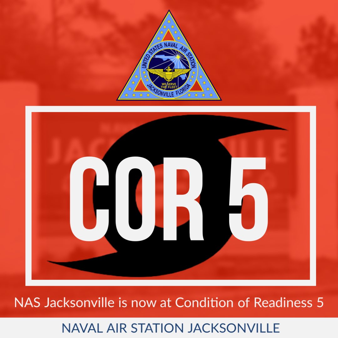 🌀📢 Now set Condition of Readiness (COR) 5 resume normal operations.
All Naval Air Station Jacksonville tenant commands set Condition of Readiness 5, by 4:00 P.M. Thursday, Oct. 10.

🚦Main Gate entrance has resumed normal operations and access for inbound/outbound traffic.
