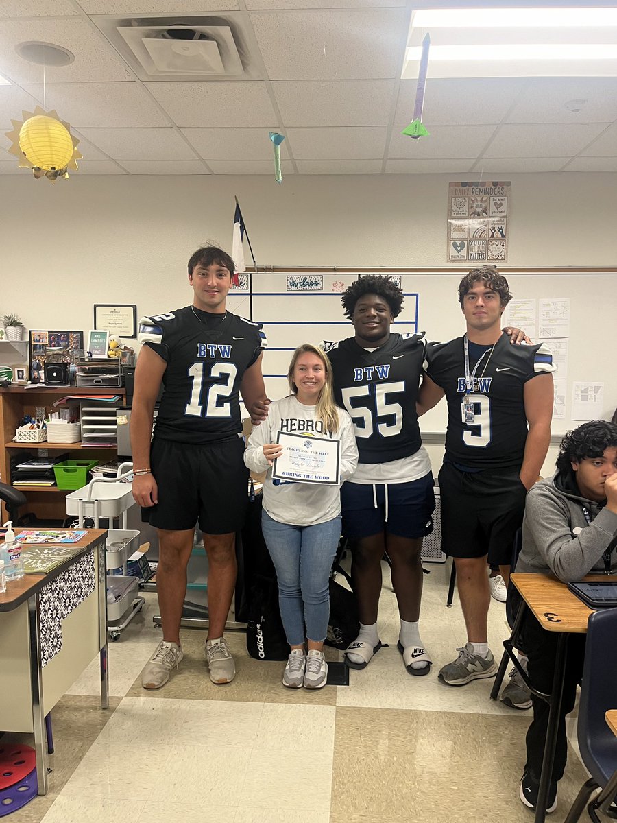 HebronFootball's tweet photo. A big shoutout to our Teachers of the Week here at Hebron! We’re forever grateful for what you do for our student athletes in the classroom! 

Also an even BIGGER shout out to Coach Ed, our Inside Linebackers coach, who was also selected as Teacher of the Week! 

#HPND | #BTW https://t.co/3EeLwGml15