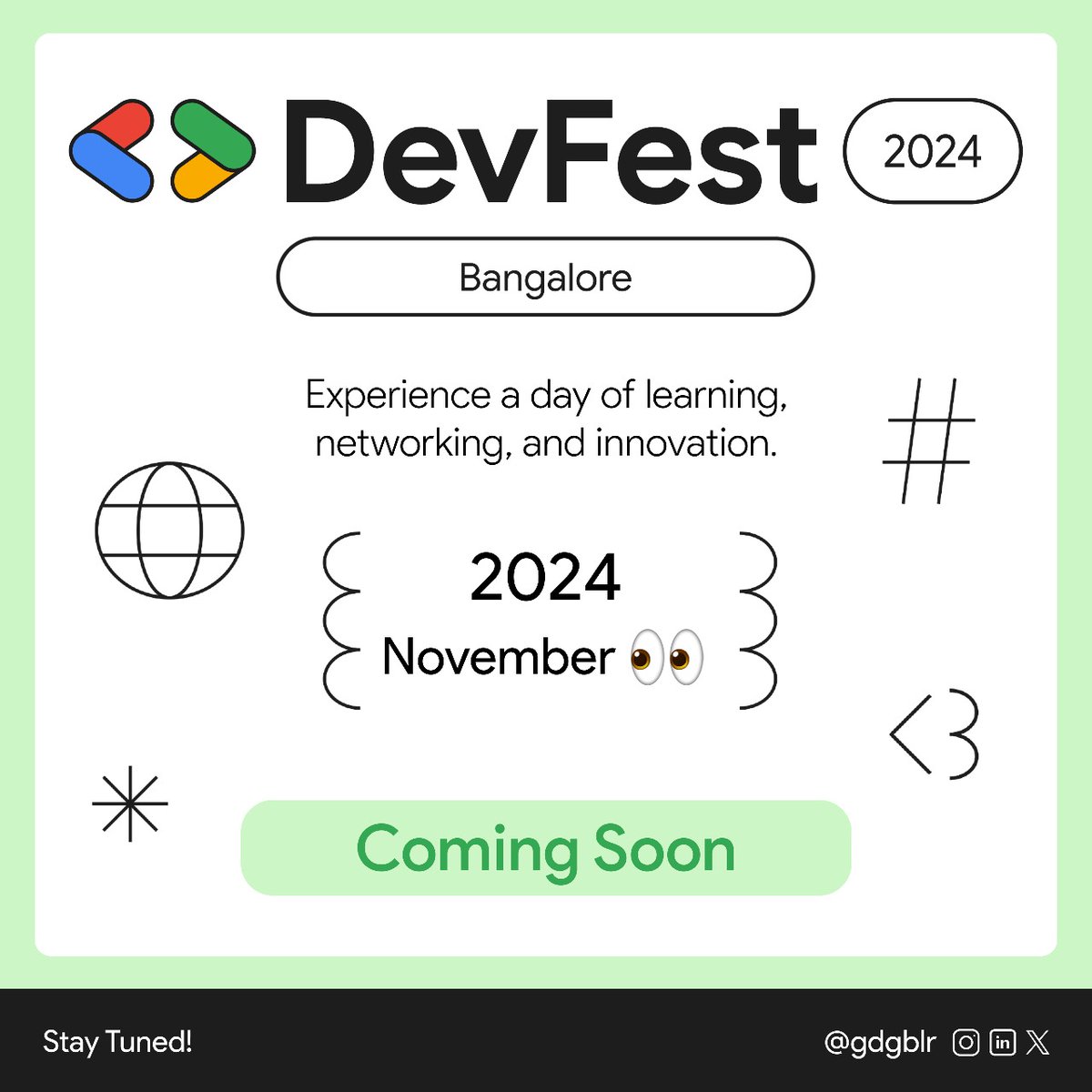 GDGBLR's tweet image. ⏳ The countdown begins! Registration for DevFest Bangalore opens soon! 🎟️ Connect with top developers, industry experts, and tech enthusiasts. 🌐 Don’t miss out—save the date and get ready for an unforgettable experience! #DevFestBangalore #GDGBangalore #GoogleDevelopers