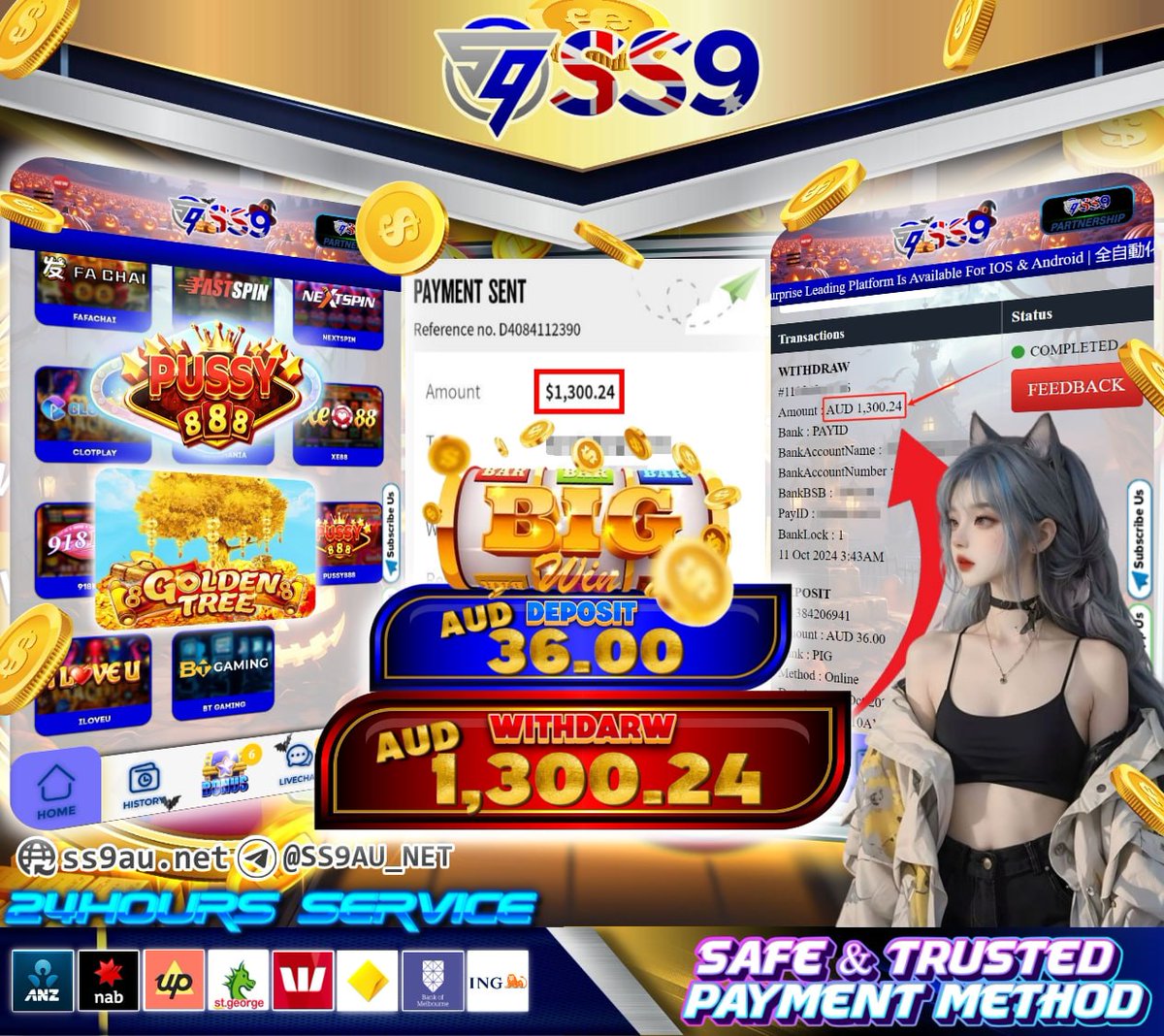SS9AU_NET's tweet photo. 🦢Play Satisfy with Surprise🦢
🌟 SS9 Australia🇦🇺 | E-Wallet 🌟

DEPOSIT :  AUD 36.00
GAME :     PUSSY888 (GOLDEN TREE)
WITHDRAW :  AUD 1,300.24 https://t.co/ZN1lhiOeUI