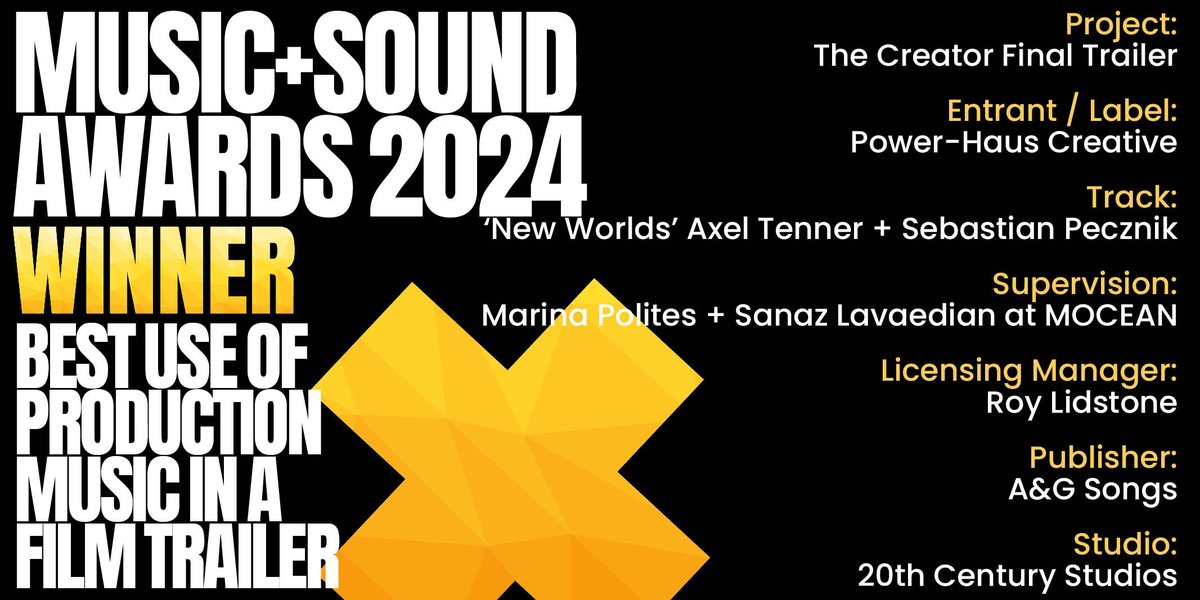 Music+Sound Awards (@masawards) on Twitter photo Whoop 🙌 It's a win for Power-Haus Creative and The Creator Final Trailer! Well done to everyone involved This is what the BEST USE OF PRODUCTION MUSIC IN A FILM TRAILER looks like! #MASAwards <a href="/haus_power/">Power-Haus Creative</a> <a href="/AxelTenner/">Axel Tenner</a> <a href="/marinapolites/">Marina Polites</a> <a href="/moceanla/">MOCEAN</a> <a href="/agsongs/">A&G Songs Ltd</a> <a href="/20thcentury/">20th Century Studios</a> Whoop 🙌 It's a win for Power-Haus Creative and The Creator Final Trailer! Well done to everyone involved This is what the BEST USE OF PRODUCTION MUSIC IN A FILM TRAILER looks like! #MASAwards <a href="/haus_power/">Power-Haus Creative</a> <a href="/AxelTenner/">Axel Tenner</a> <a href="/marinapolites/">Marina Polites</a> <a href="/moceanla/">MOCEAN</a> <a href="/agsongs/">A&G Songs Ltd</a> <a href="/20thcentury/">20th Century Studios</a>
