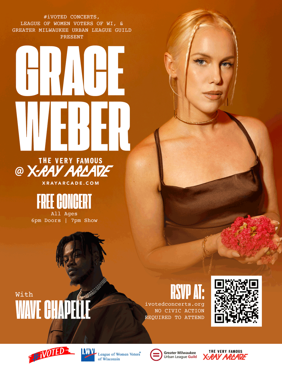 emwizzle's tweet photo. Excited to announce the latest show from @iVotedConcerts! Join us for #FREE to see #Grammy winner & #Wisconsinite @graceweber w/ @wavechapelle on election night, 11/5, @xrayarcade in #Milwaukee (#Cudahy)!
RSVP, as we'll reach capacity, + Deets: https://t.co/gEy8Yj5ISQπ³οΈπΆ https://t.co/YLhnNGkPh0