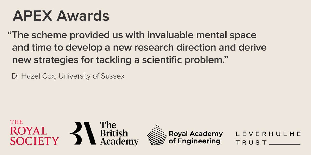 Offered in partnership with the <a href="/royalsociety/">The Royal Society</a> and the <a href="/RAEngNews/">Royal Academy of Engineering</a>, the APEX Awards promotes collaboration across disciplines, with an emphasis on the boundary between science, engineering and the social sciences and humanities. Apply now: thebritishacademy.ac.uk/funding/apex-a…