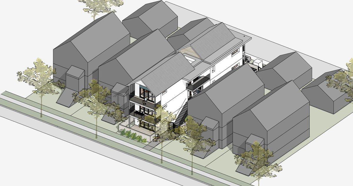 Lanefab's tweet photo. Single stair building codes unlock the potential for small lot multifamily housing that goes beyond what you can do with a multiplex or townhouse. 

Instead of townhouses where every unit loses 150sf to a stair, you have a nice central stair serving 6 to 24 homes. https://t.co/TAsGE1d5CH