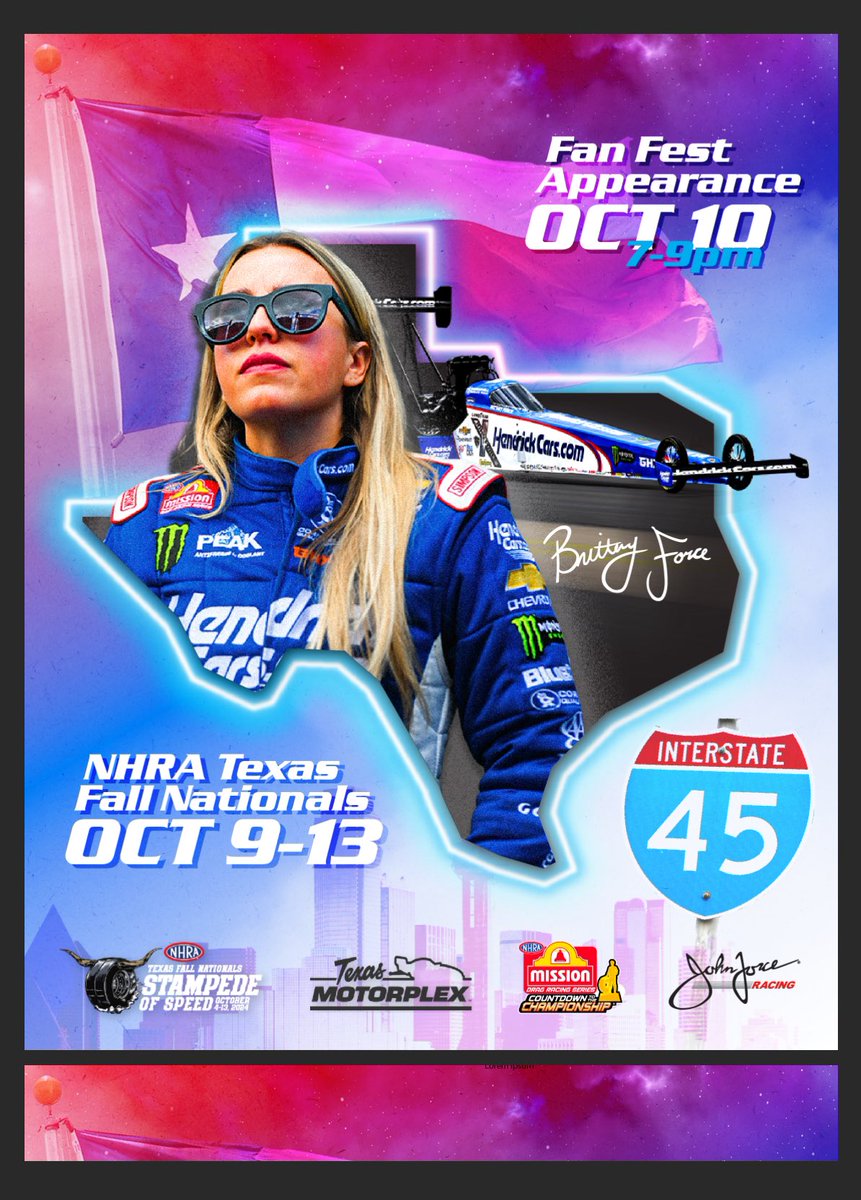 BrittanyForce (@brittanyforce) on Twitter photo 3 events left in our season as we head to Texas this weekend for the Stampede of Speed!
Come see our <a href="/JFR_Racing/">John Force Racing</a> teams at the Texas Motorplex , starting tonight at the fan-fest in Waxahachie!
Stampedeofspeed.com
#fastesttendaysintexas #wherespeedwasborn #stampedeofspeed 3 events left in our season as we head to Texas this weekend for the Stampede of Speed!
Come see our <a href="/JFR_Racing/">John Force Racing</a> teams at the Texas Motorplex , starting tonight at the fan-fest in Waxahachie!
Stampedeofspeed.com
#fastesttendaysintexas #wherespeedwasborn #stampedeofspeed