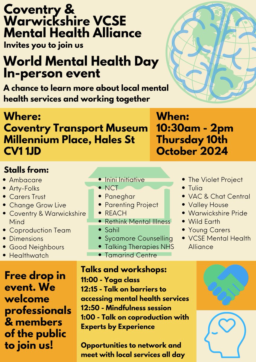 Rethink Coventry & Warwickshire; REACH MH Alliance (@rethinkcov_wark) on Twitter photo Fabulous day at VCSE MH Alliance Event for World Mental Health Day. Great to see so many VCSE services, Clinicians, System Leads and people all coming together. Promoting some fabulous services accross Coventry and Warwickshire. Special thanks to <a href="/CovTM/">Coventry Transport Museum</a> #WorldMentalHealthDay Fabulous day at VCSE MH Alliance Event for World Mental Health Day. Great to see so many VCSE services, Clinicians, System Leads and people all coming together. Promoting some fabulous services accross Coventry and Warwickshire. Special thanks to <a href="/CovTM/">Coventry Transport Museum</a> #WorldMentalHealthDay