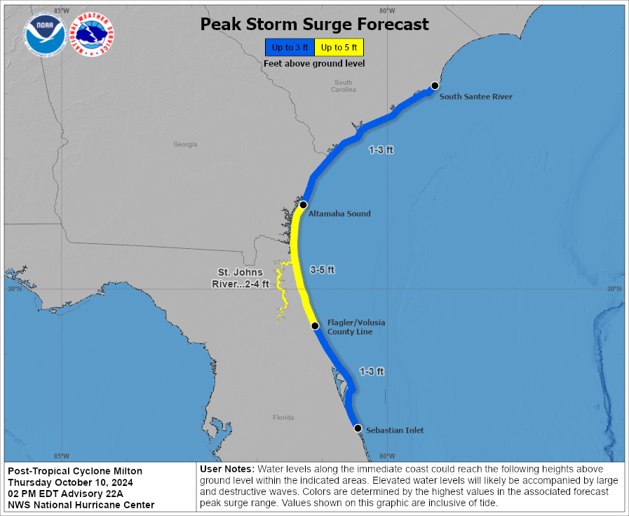 NHC_Surge's tweet image. 10/10 2pm EDT: A Storm Surge Warning remains in effect for portions of the east coast of Florida and southern coast of Georgia. Storm surge inundation will continue in these areas through this afternoon. #Milton