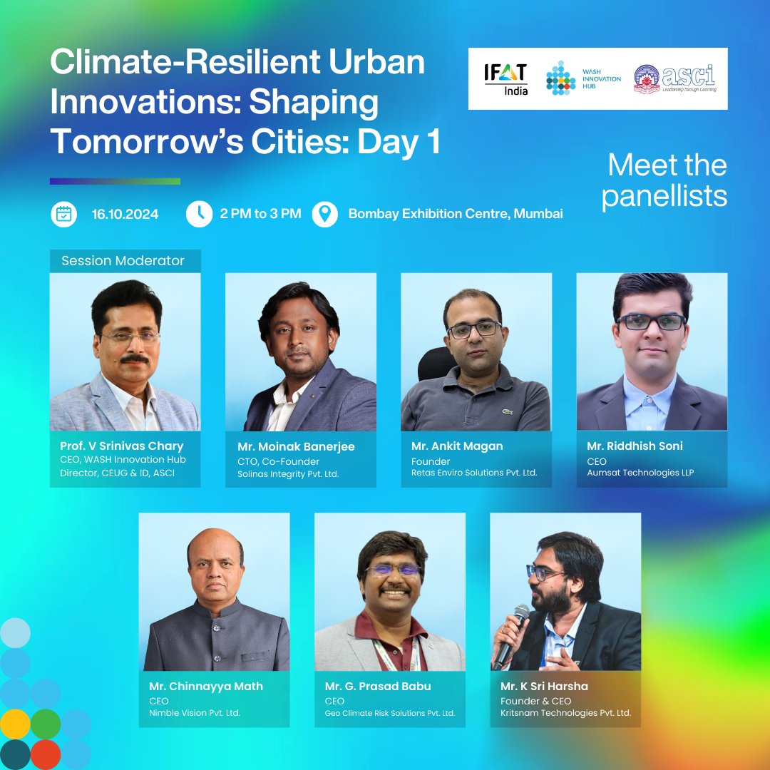 Join Us at <a href="/IFAT_mmi/">IFAT INDIA</a>!

<a href="/WASH_innovation/">WASH Innovation Hub</a> is excited to host a panel at the IFAT India Exhibition
🗓 Date: 16th October 2024 
🕑 Time: 2 PM - 3 PM 
📍 Venue: Bombay Exhibition Centre, Mumbai
#ClimateResilience #WASHInnovationHub #IFATIndia #SustainableCities #Water #Sanitation