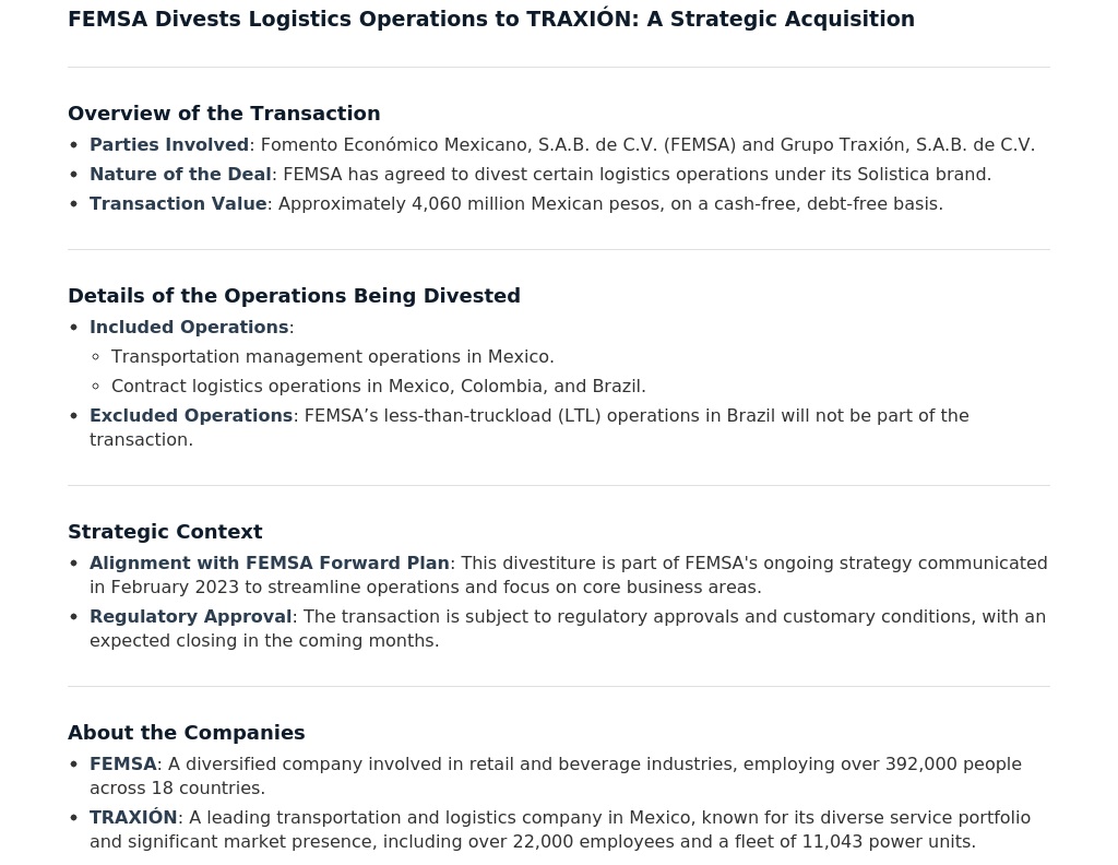 $FMX: FEMSA Divests Logistics Operations to TRAXIÓN: A Strategic Acquisition