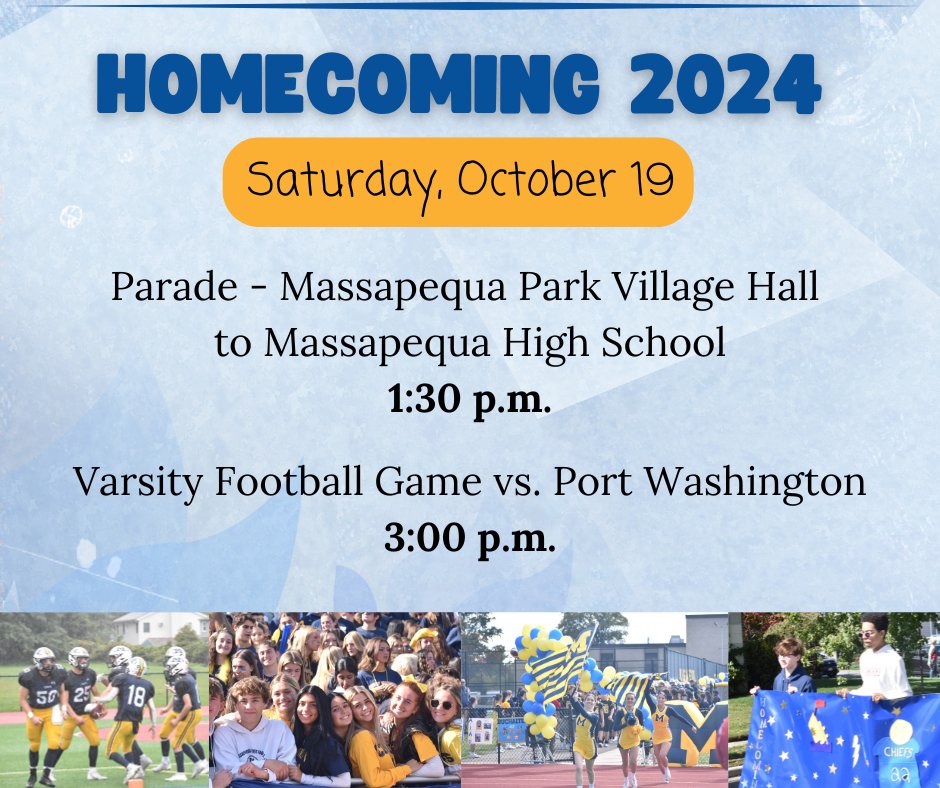 MassapequaPS (@massapequaps) on Twitter photo Massapequa High School's Homecoming celebration is just nine days away. We hope to see you alongside Park Boulevard for the annual Homecoming parade and in the stands for the varsity football game against Port Washington! <a href="/Lowell_MHS/">Barbara Lowell</a> <a href="/DrBillBrennan/">Bill Brennan</a> Massapequa High School's Homecoming celebration is just nine days away. We hope to see you alongside Park Boulevard for the annual Homecoming parade and in the stands for the varsity football game against Port Washington! <a href="/Lowell_MHS/">Barbara Lowell</a> <a href="/DrBillBrennan/">Bill Brennan</a>