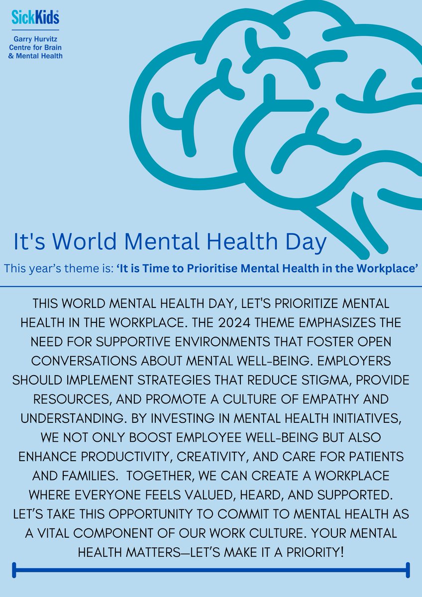 Garry Hurvitz Centre for Brain & Mental Health (@sickkidsghcbmh) on Twitter photo Today is #WorldMentalHealthDay 💙 This year's theme is 'It is Time to Prioritise Mental Health in the Workplace'. On this World Mental Health Day, let's prioritize our mental well-being.
For more information check out the website linked below.
Link: (wmhdofficial.com) Today is #WorldMentalHealthDay 💙 This year's theme is 'It is Time to Prioritise Mental Health in the Workplace'. On this World Mental Health Day, let's prioritize our mental well-being.
For more information check out the website linked below.
Link: (wmhdofficial.com)