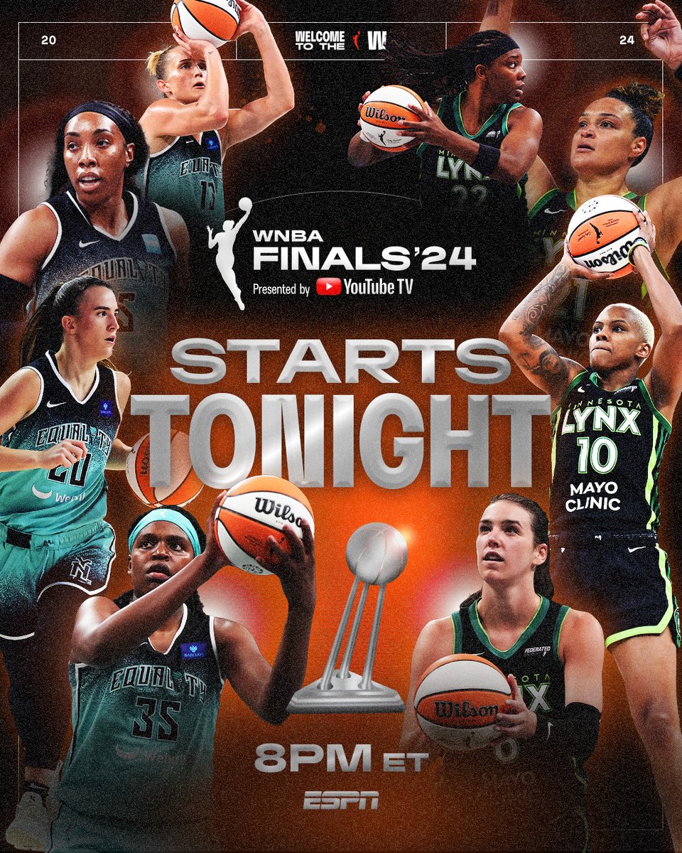 WNBA's tweet photo. The wait is over. Game 1 of the #WNBAFinals presented by @YouTubeTV tips off TONIGHT at 8pm/ET on ESPN 🔥

Liberty vs. Lynx. Two teams. One goal. 

Don’t miss a second of the action ⏰ https://t.co/VIepkiXjbw