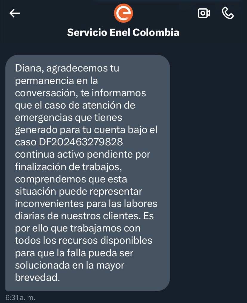 RocioCubillosR's tweet photo. @EnelClientesCO que pésimo, servicio el de ustedes.
Llevamos 5 días sin energía.
Se hizo el reporte y la respuesta es estamos trabajando para solucionarlo?
Cortar las cuerdas de energía, es una solución? 
En la mayor brevedad son 5 días? https://t.co/l64BI0x5sE