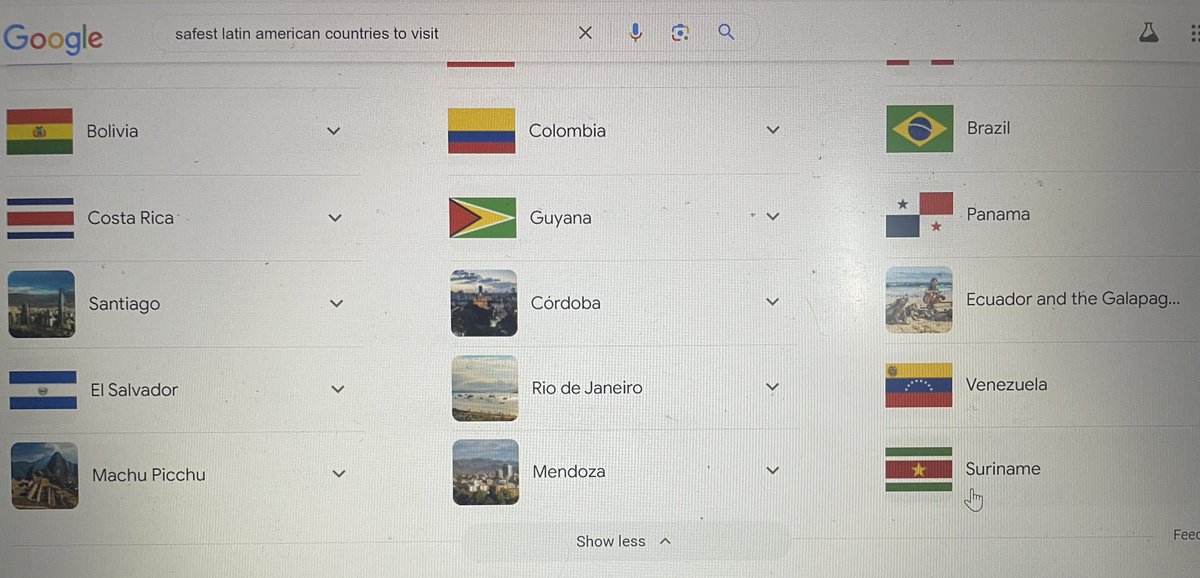everycountry197's tweet image. According to Google, the safest Latin American countries to visit are… 

…just about every single one. 

And a few cities, with Machu Picchu thrown in to cap it off

#helpfulcontent