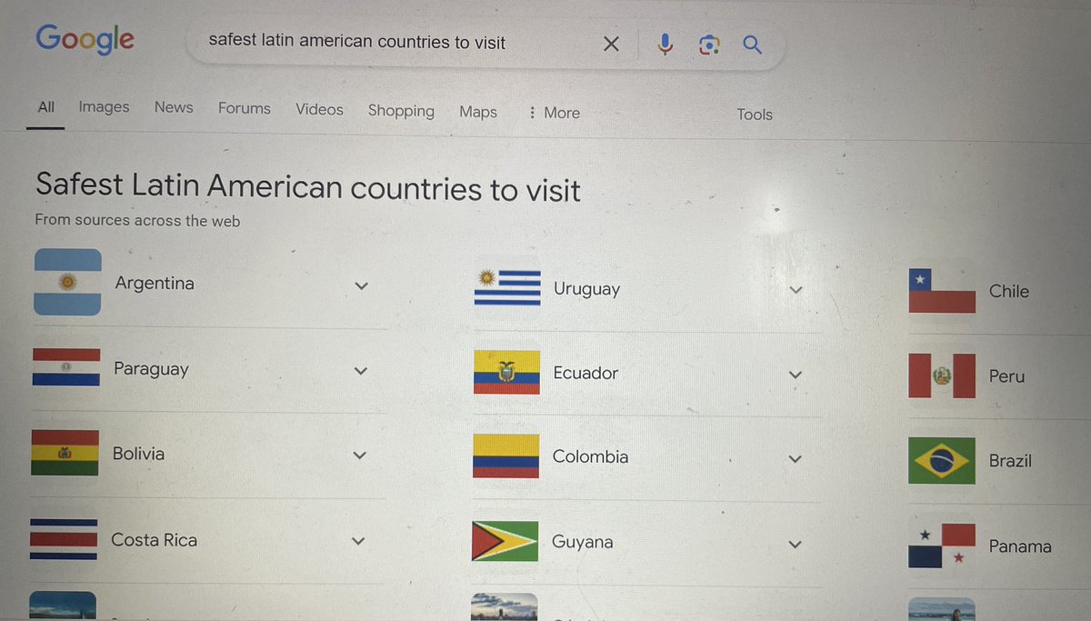 everycountry197's tweet image. According to Google, the safest Latin American countries to visit are… 

…just about every single one. 

And a few cities, with Machu Picchu thrown in to cap it off

#helpfulcontent