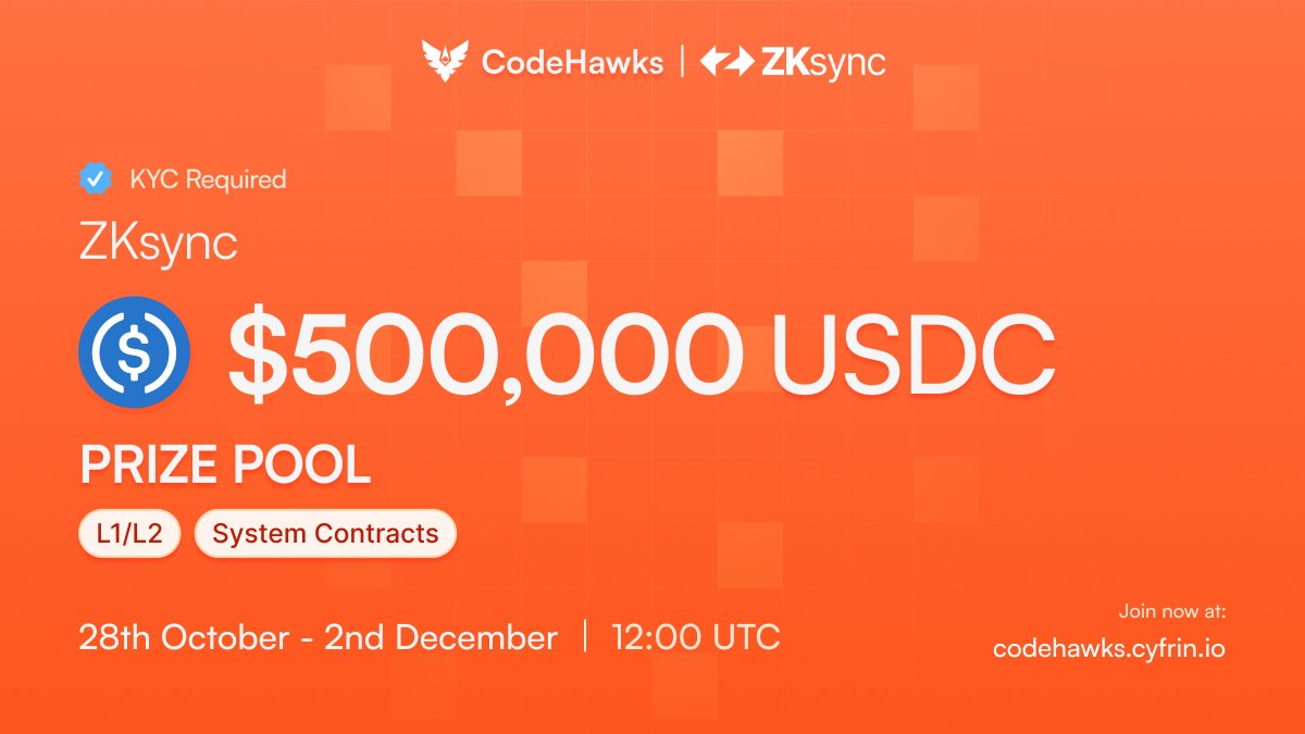 Cyfrin CodeHawks (@codehawks) on Twitter photo Clear your calendar, Hawks 🦅
This one’s big. 🚀
Time to deep dive into <a href="/zksync/">ZKsync (∎, ∆)</a>‘s code and to help fortify the security of their L1/L2/system contracts.
Contest start: 28 October
Prize pool: $500,000
Sign up today
👇 Clear your calendar, Hawks 🦅
This one’s big. 🚀
Time to deep dive into <a href="/zksync/">ZKsync (∎, ∆)</a>‘s code and to help fortify the security of their L1/L2/system contracts.
Contest start: 28 October
Prize pool: $500,000
Sign up today
👇