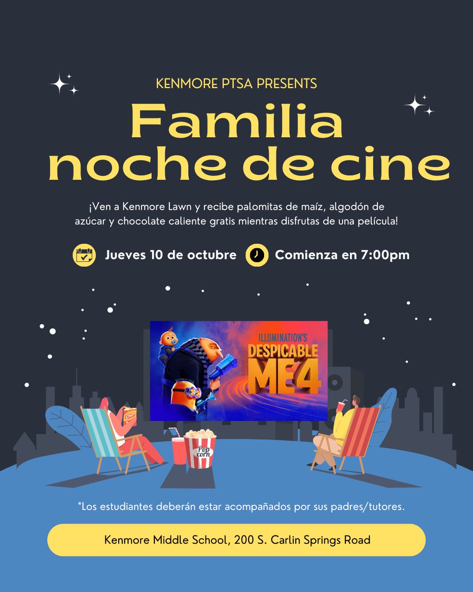 The students have voted and the winner is…Despicable Me 4! See everyone tonight at 7:00 for the Outdoor Family Movie Night on the Kenmore Lawn. We’ll be giving out popcorn, hot chocolate, and cotton candy!