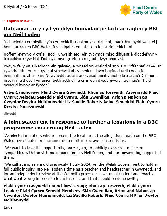 Datganiad cyhoeddus gwleidyddol, wnaed nos Fawrth 8 o Hydref 2024, yn dilyn honiadau pellach ar raglen y BBC am Neil Foden.

A joint political public statement, made on Tuesday evening 8 of October 2024, in response to further allegations in a BBC programme concerning Neil Foden.
