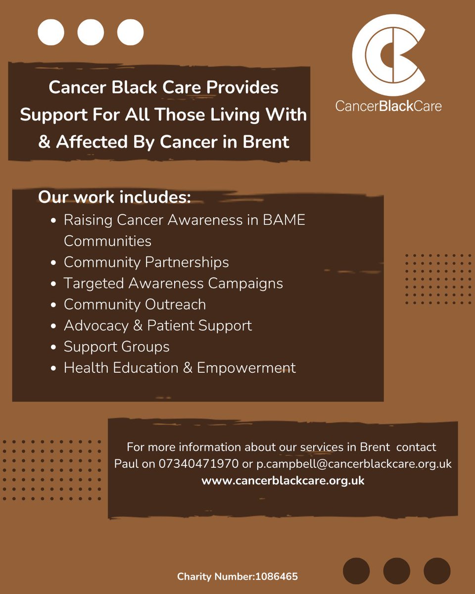 📢 #CancerBlackCare continues its vital work in #Brent! We're raising #CancerAwareness, delivering community outreach, and providing essential advocacy services within #BAME communities. Stay tuned for updates! 💪🏾

#CommunitySupport #Hospital  #BAMEHealth #ICB #NHS