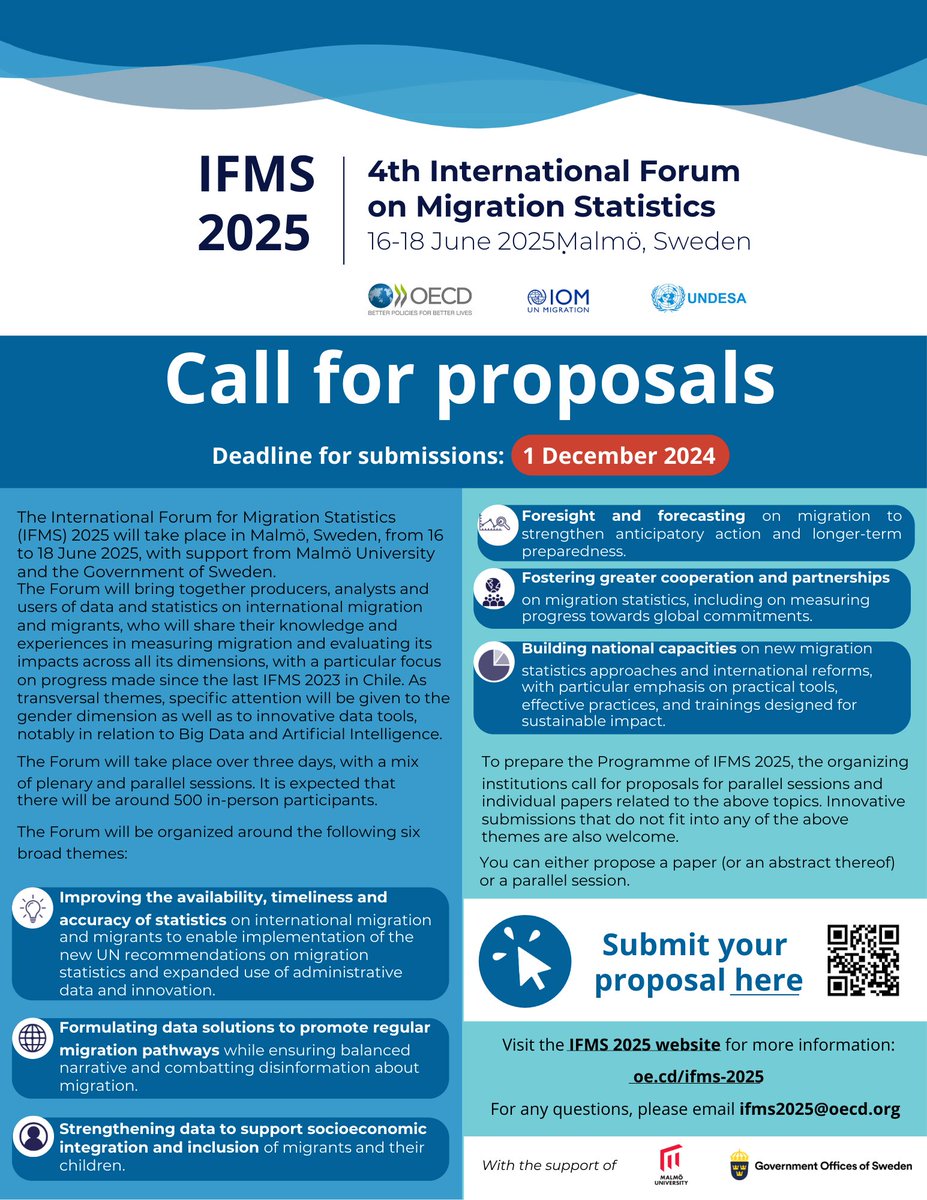 UNMigrationData's tweet image. 📢📢#SaveTheDate
The International Forum for Migration Statistics (#IFMStats) 2025 is in Malmö, Sweden from 16-18 June 2025!🌍

📢Call for Proposals is open! Submit your papers or session ideas: oe.cd/ifms-2025

Join experts to discuss migration data, trends, &amp;amp; solutions!