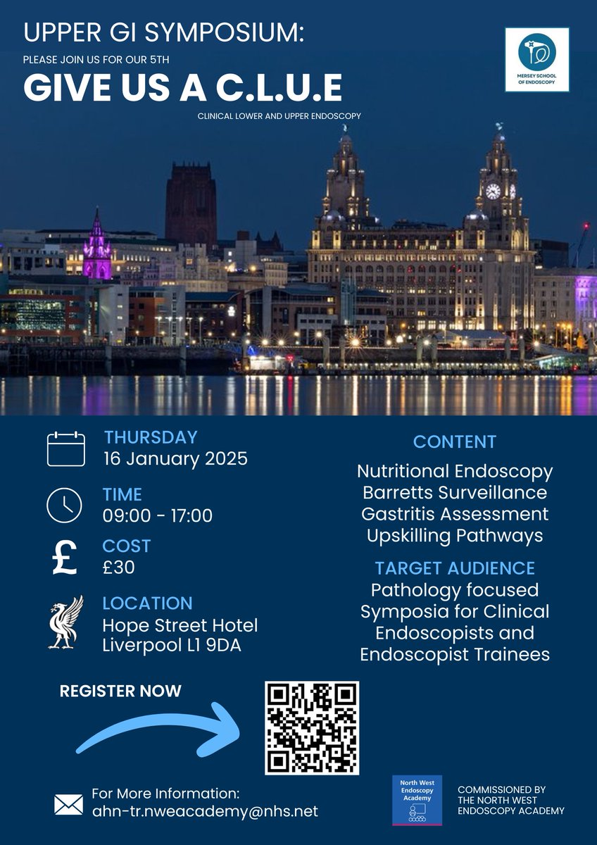IT'S BACK!! 🎉

The North-West Endoscopy Academy are please to announce our Give us a C.L.U.E UPPER Symposium is scheduled for Thursday 16th January 2025. Hosted at Hope Street Hotel in Liverpool. Please see below poster for information.