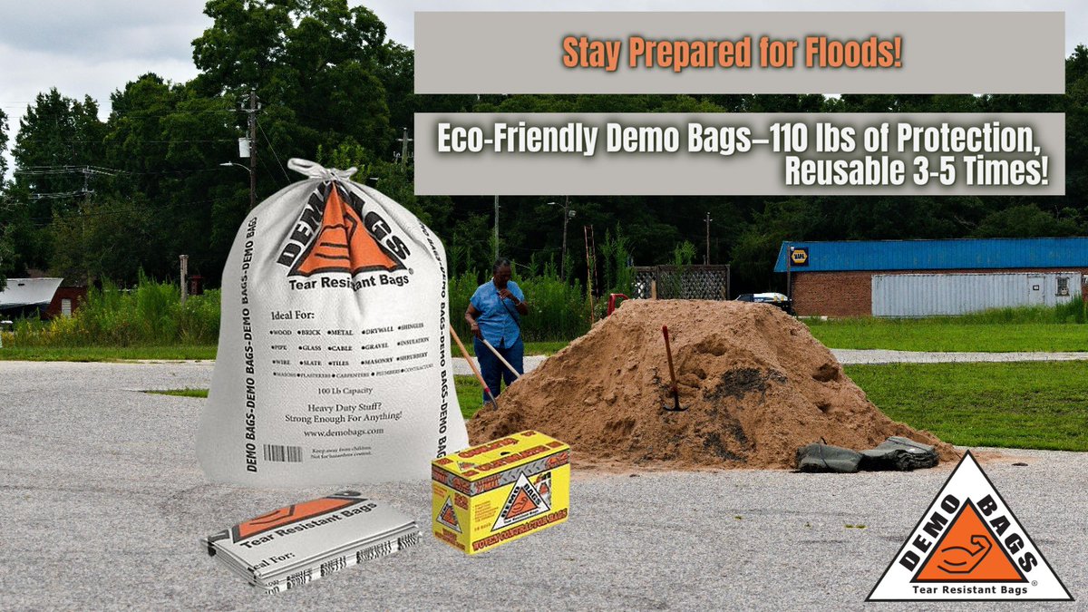 BagsDemo's tweet photo. Get ready for flooding with Demo Bags! With a 110 lb capacity and water-resistant material, they’re an eco-friendly alternative to sandbags and can be reused 3-5 times. Stay safe and ready! Order: https://t.co/oW9YFOaylE

#FloodPreparedness #DemoBags #EcoFriendlyCleaning https://t.co/9NLXAvgzmB
