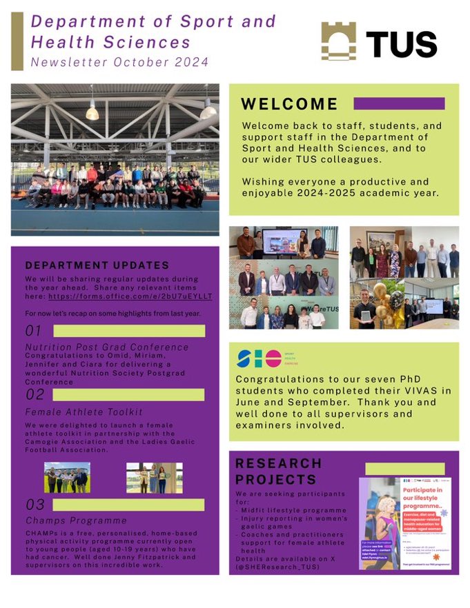 Sport and Health Sciences, TUS MMW (@dsh_tus) on Twitter photo We are launching a newsletter to showcase staff and student achievements and activity in our Department <a href="/TUS_ie/">Technological University of the Shannon</a> and in @SHEResearch_TUS. Here is the first edition 👇 We are launching a newsletter to showcase staff and student achievements and activity in our Department <a href="/TUS_ie/">Technological University of the Shannon</a> and in @SHEResearch_TUS. Here is the first edition 👇